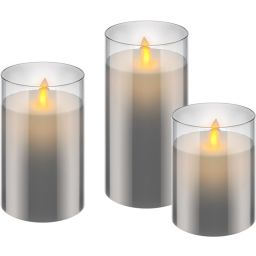 Set of 3 white LED candles in grey glass - With timer 